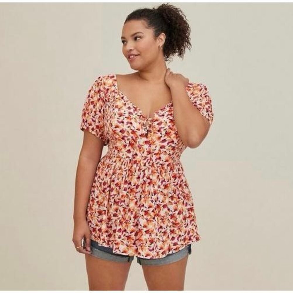 Torrid Top Babydoll Crinkle Gauze Smocked Back Puff Sleeve Floral Pink Cream 3X